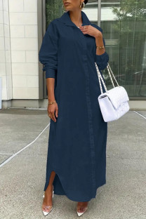 Tibetan Blue Casual Solid Color Buttons Turndown Collar Shirt Dresses