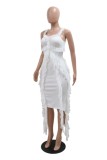 Orange Casual Solid Color Fringed Trim Patchwork Backless Spaghetti Strap Wrapped Skirt Dresses