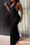 Red Sexy Casual Solid Color Backless Oblique Collar Skinny Jumpsuits