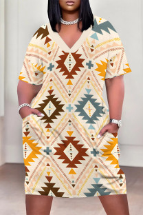 Apricot Casual Geometric Print Pocket Contrast V Neck Printed Plus Size Dresses