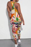 Multicolor Casual Print Patchwork Spaghetti Strap Regular Jumpsuits