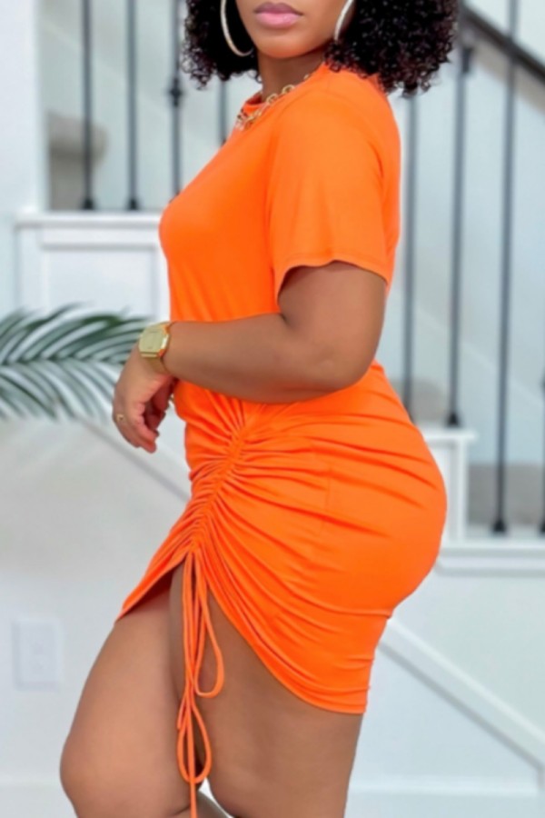 Orange Casual Solid Color Draw String Belted O Neck Short Sleeve Short Sleeve Dress