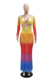 Multi-color Sexy Print Hollow Out Belted Halter Two Pieces