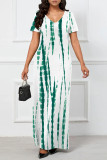 Navy Blue Casual Striped Print Pocket Contrast V Neck Printed Dresses