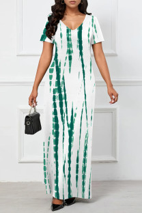 Green Casual Striped Print Pocket Contrast V Neck Printed Dresses