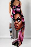 Rose Red Casual Figure Print Backless Spaghetti Strap Long Dresses
