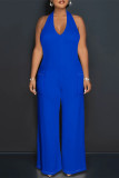 Burgundy Casual Solid Color Lace Up Backless Halter Loose Jumpsuits