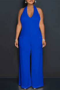 Blue Casual Solid Color Lace Up Backless Halter Loose Jumpsuits