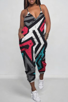 White Grey Casual Print Patchwork Spaghetti Strap Regular Jumpsuits