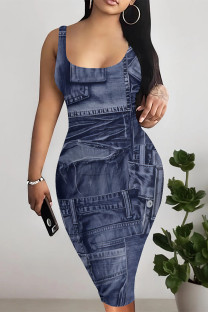 Dark Blue Sexy Faux Denim Print Contrast U Neck Printed Dresses
