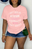 Pink Casual Street Letter Print Contrast O Neck T-Shirts