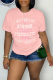 Pink Casual Street Letter Print Contrast O Neck T-Shirts