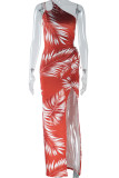 Brown Red Elegant Print Hollow Out Patchwork Backless High Slit Spaghetti Strap Long Dresses