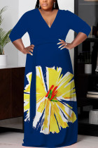 Blue Yellow Casual Print Belted V Neck Long Plus Size Dresses