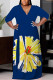 Blue Yellow Casual Print Belted V Neck Long Plus Size Dresses