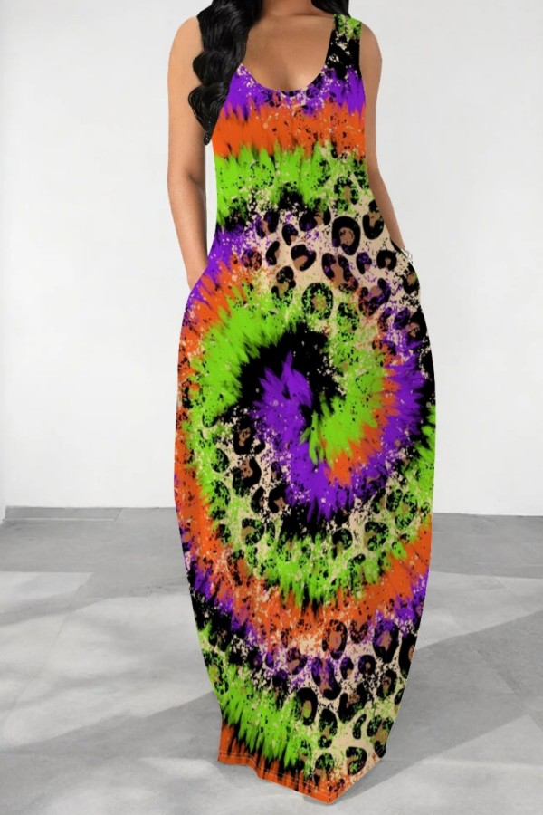Green Casual Print Basic U Neck Long Dresses