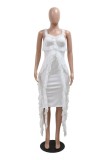 Orange Casual Solid Color Fringed Trim Patchwork Backless Spaghetti Strap Wrapped Skirt Dresses