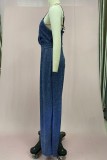 Blue Sexy Casual Solid Color Backless V Neck Bodycon Jumpsuits
