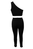 Black Sexy Solid Color Patchwork Backless Oblique Collar Sleeveless Two Pieces