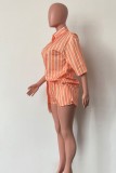 Dark Gray Casual Striped Print Buttons Shirt Collar Three Quarter Two Pieces