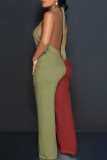 Blue Yellow Casual Solid Color Pocket Lace Up Backless Contrast Halter Loose Jumpsuits