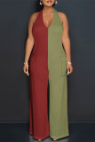 Blue Yellow Casual Solid Color Pocket Lace Up Backless Contrast Halter Loose Jumpsuits