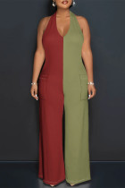 Red Green Casual Solid Color Pocket Lace Up Backless Contrast Halter Loose Jumpsuits