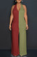 Red Green Casual Solid Color Pocket Lace Up Backless Contrast Halter Loose Jumpsuits