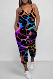 Multicolor Casual Print Patchwork Spaghetti Strap Regular Jumpsuits