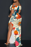Apricot Elegant Print Patchwork Backless Off Shoulder Long Dresses