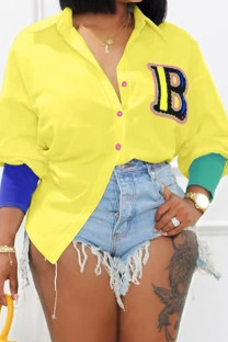 Yellow Casual Letters Buckle Patchwork Turndown Collar Plus Size Tops