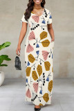 White Elegant Print Patchwork V Neck Long Dresses