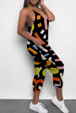 Multicolor Casual Print Patchwork Spaghetti Strap Regular Jumpsuits