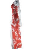 Brown Red Elegant Print Hollow Out Patchwork Backless High Slit Spaghetti Strap Long Dresses