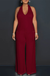 Burgundy Casual Solid Color Lace Up Backless Halter Loose Jumpsuits