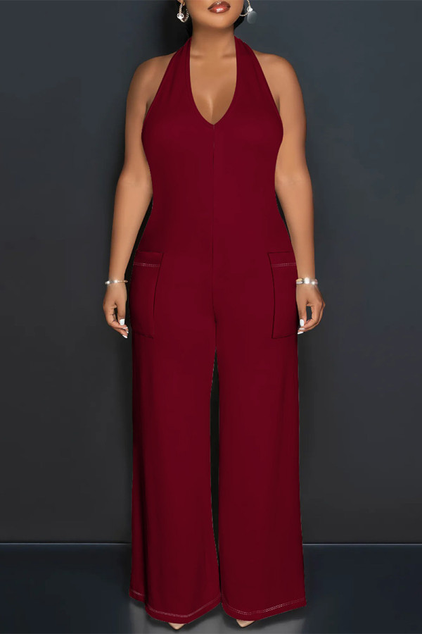 Burgundy Casual Solid Color Lace Up Backless Halter Loose Jumpsuits