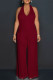 Burgundy Casual Solid Color Lace Up Backless Halter Loose Jumpsuits