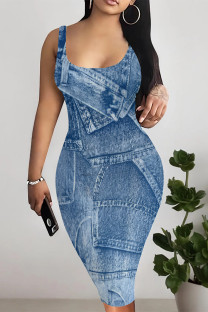 Medium Blue Sexy Faux Denim Print Contrast U Neck Printed Dresses