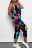 Multicolor Casual Print Patchwork Spaghetti Strap Regular Jumpsuits