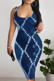 Medium Blue Sexy Faux Denim Print Contrast U Neck Printed Dresses