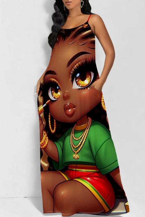Brown Green Casual Figure Print Backless Spaghetti Strap Long Dresses
