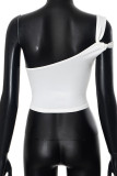 White Sexy Solid Color Hollow Out Patchwork Oblique Collar Tops