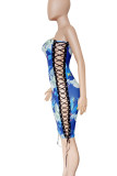 Blue Sexy Print Hollow Out Patchwork Cross Straps Strapless Wrapped Skirt Dresses