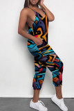 Multicolor Casual Print Patchwork Spaghetti Strap Regular Jumpsuits