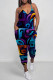 Dark Blue Casual Print Patchwork Spaghetti Strap Regular Jumpsuits