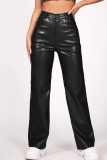 Black Casual Solid Color Patchwork Straight Conventional Solid Color Trousers