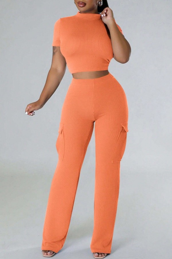 Orange Casual Solid Color Pocket O Neck Short Sleeve Two Pieces