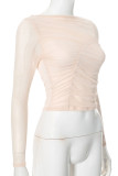 Apricot Sexy Solid Color Patchwork See-Through Ruched O Neck Tops