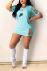 Sky Blue Casual Letter Print Ripped O Neck Short Sleeve Short Sleeve Dress