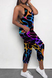Multicolor Casual Print Patchwork Spaghetti Strap Regular Jumpsuits